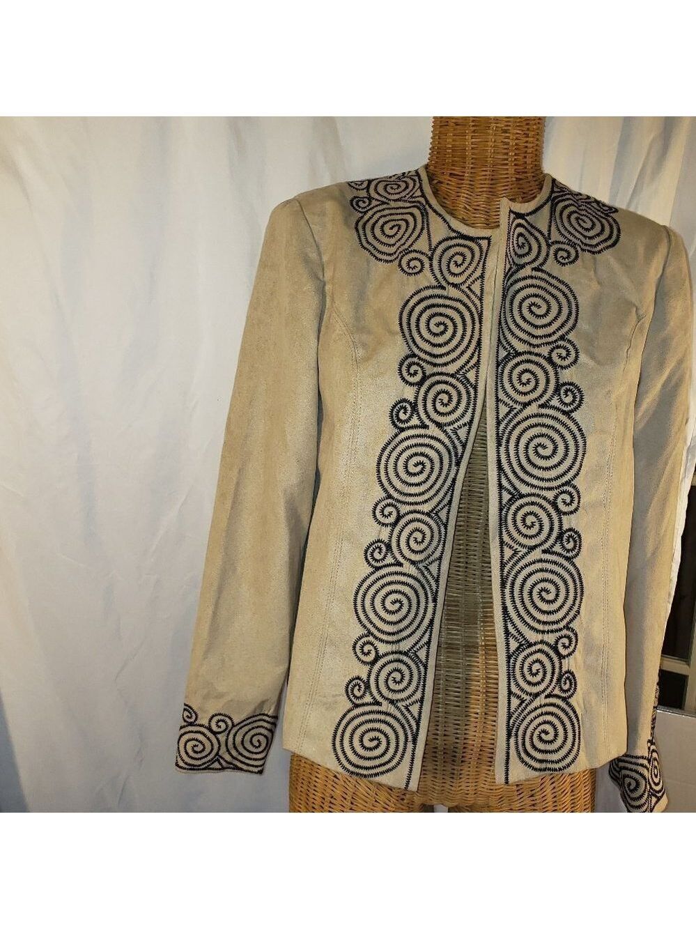 LINEAR Women's Embroidered Tan Faux Suede Open Front Blazer - PM